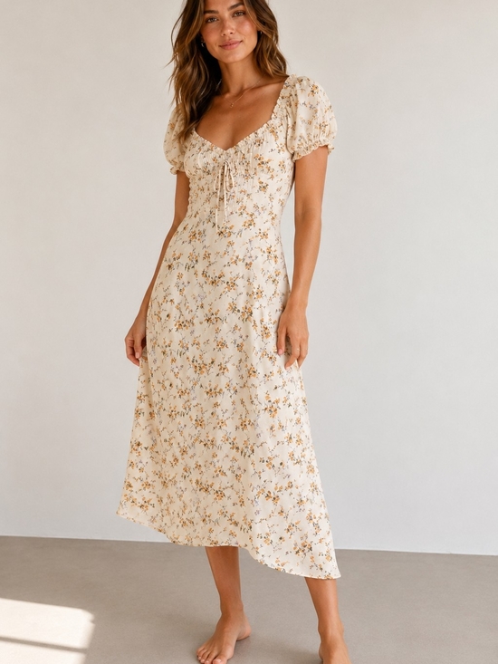 Dex Dresses & Skirts - Dex Cream Floral Midi Dress with Puff Sleeves